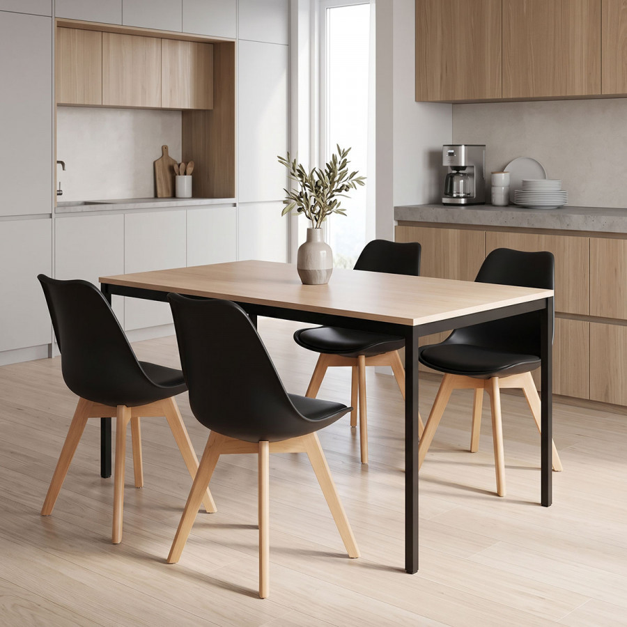 Dining set with Gaston black Chairs and Faragio Table black with natural shade 120x75x75cm set 5pcs