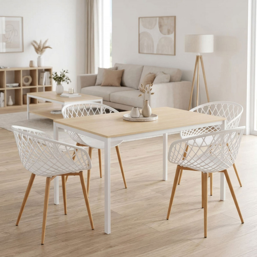 Dining Table with Armhairs Ezra white and Table Faragio white with natural shade 120x75x75cm Set 5pcs