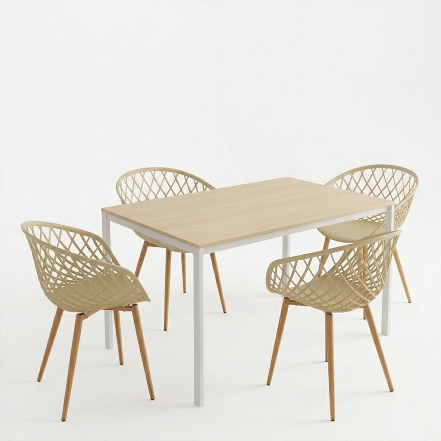 Dining Table with Armhairs Ezra cappuccino and Table Faragio white with natural shade 120x75x75cm Set 5pcs