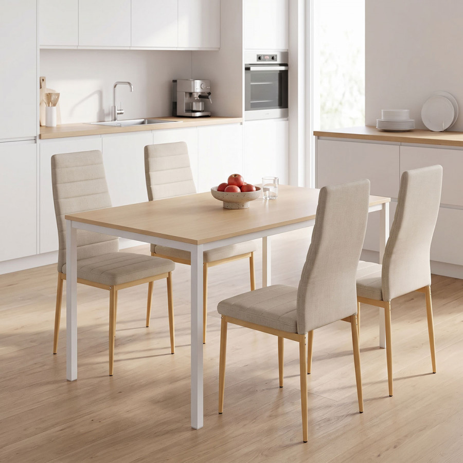 Dining Table with Chairs Parker beige and Table Faragio white with natural shade 120x75x75cm Set 5pcs