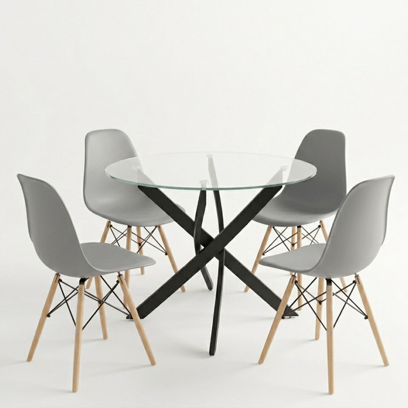 Dining room with Julita chairs grey and Antoro table glass with black metal Φ80x75cm set 5pcs