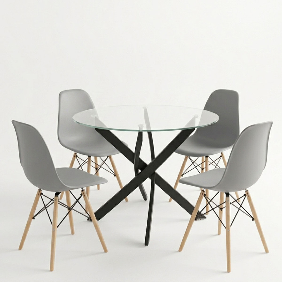 Dining room with Julita chairs grey and Antoro table glass with black metal Φ80x75cm set 5pcs