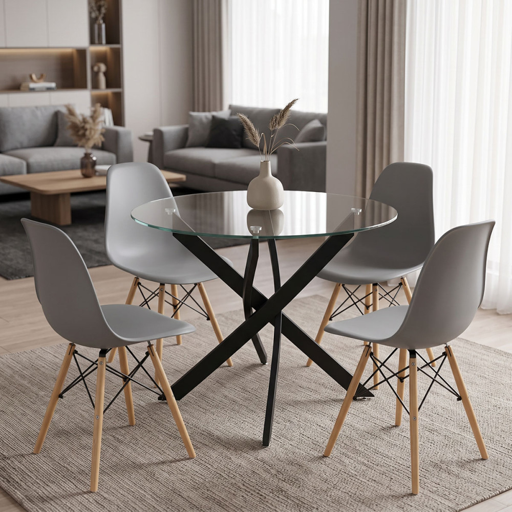 Dining room with Julita chairs grey and Antoro table glass with black metal Φ80x75cm set 5pcs