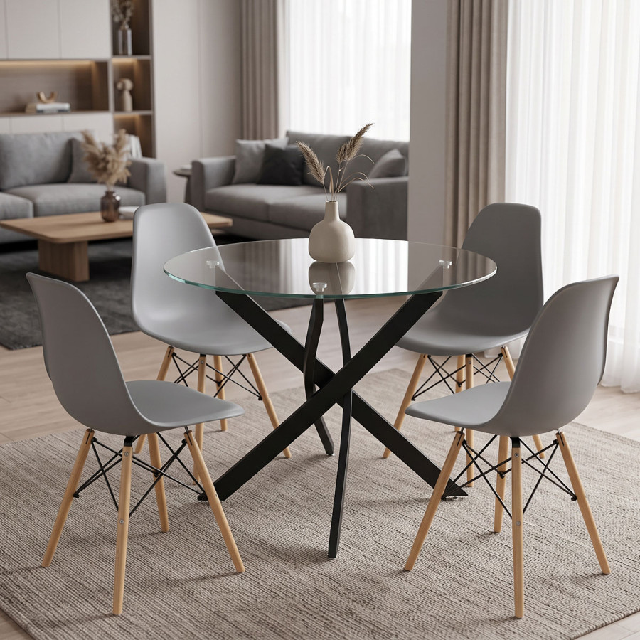 Dining room with Julita chairs grey and Antoro table glass with black metal Φ80x75cm set 5pcs
