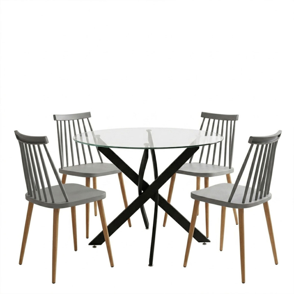 Dining room with Aurora chairs grey and Antoro table glass with black metal Φ80x75cm set 5pcs