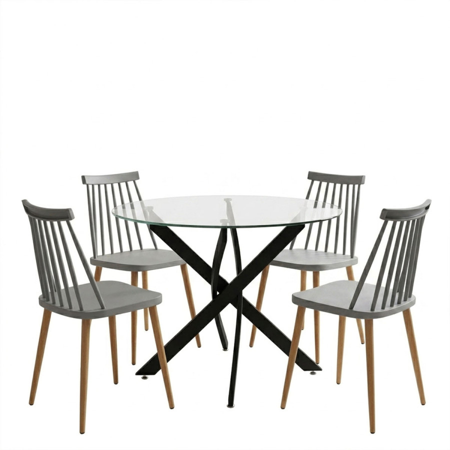 Dining room with Aurora chairs grey and Antoro table glass with black metal Φ80x75cm set 5pcs