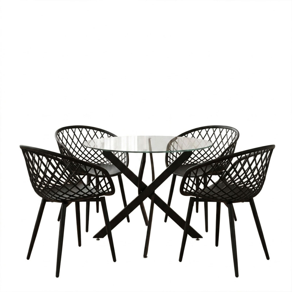 Dining room with Ezra Armchairs black and Antoro table glass with black metal Φ80x75cm Set 5pcs