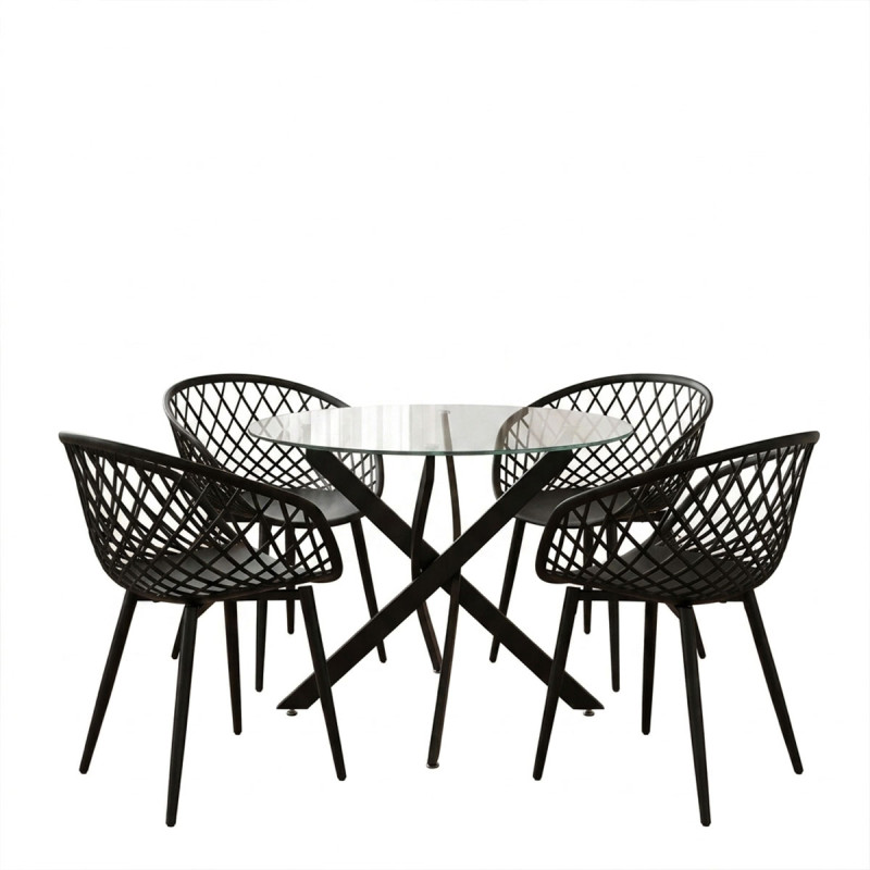 Dining room with Ezra Armchairs black and Antoro table glass with black metal Φ80x75cm Set 5pcs