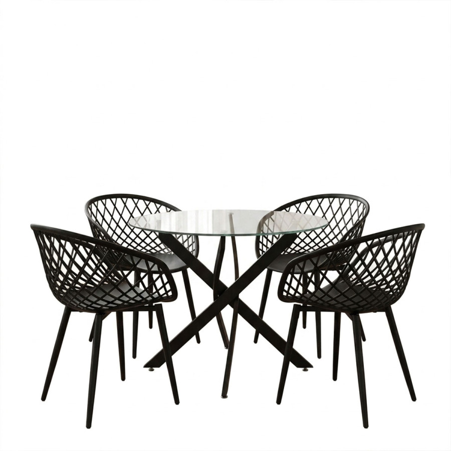 Dining room with Ezra Armchairs black and Antoro table glass with black metal Φ80x75cm Set 5pcs