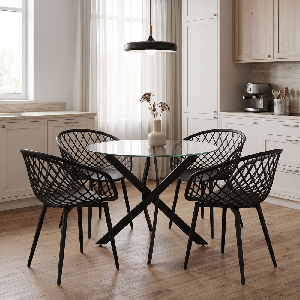 Dining room with Ezra Armchairs black and Antoro table glass with black metal Φ80x75cm Set 5pcs