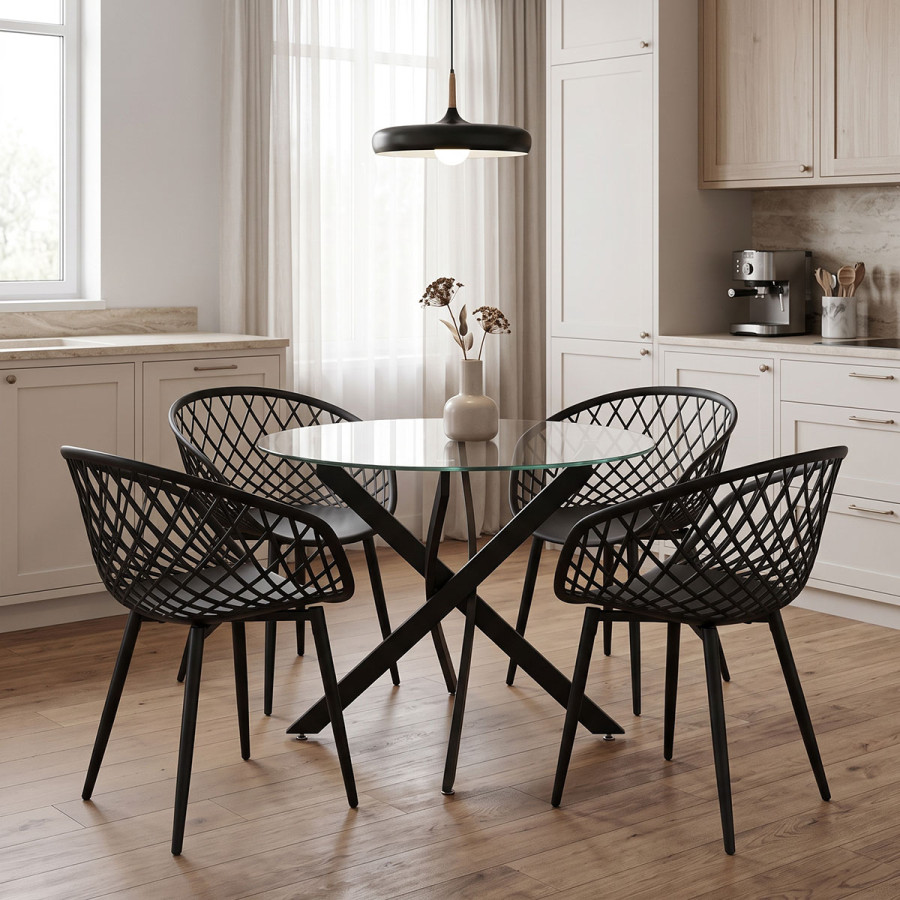 Dining room with Ezra Armchairs black and Antoro table glass with black metal Φ80x75cm Set 5pcs