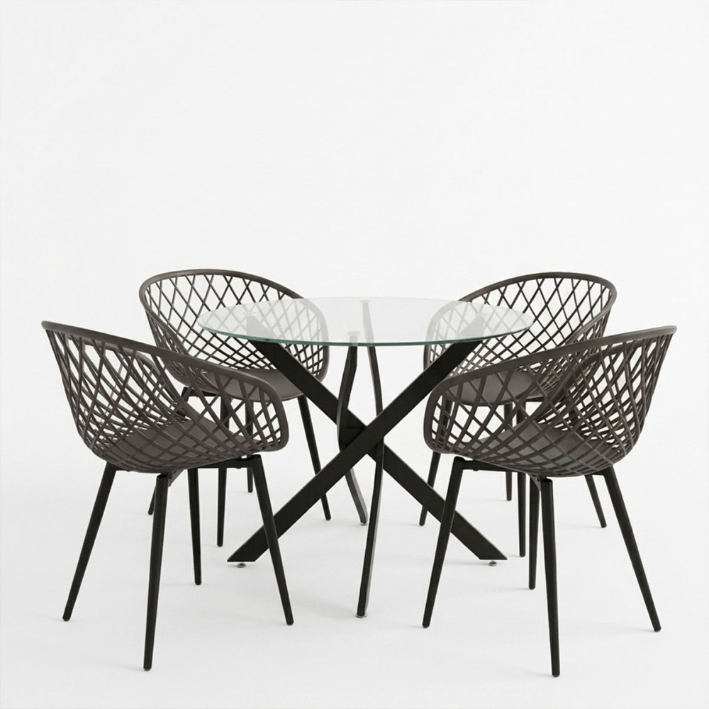Dining room with Ezra Armchairs anthracite and Antoro table glass with black metal Φ80x75cm Set 5pcs