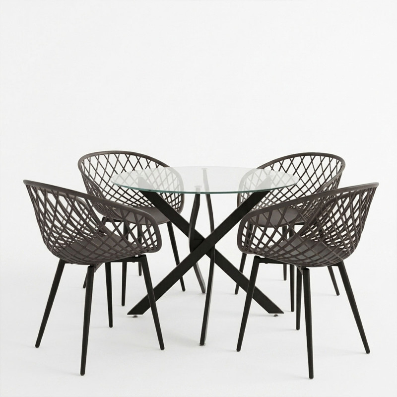 Dining room with Ezra Armchairs anthracite and Antoro table glass with black metal Φ80x75cm Set 5pcs