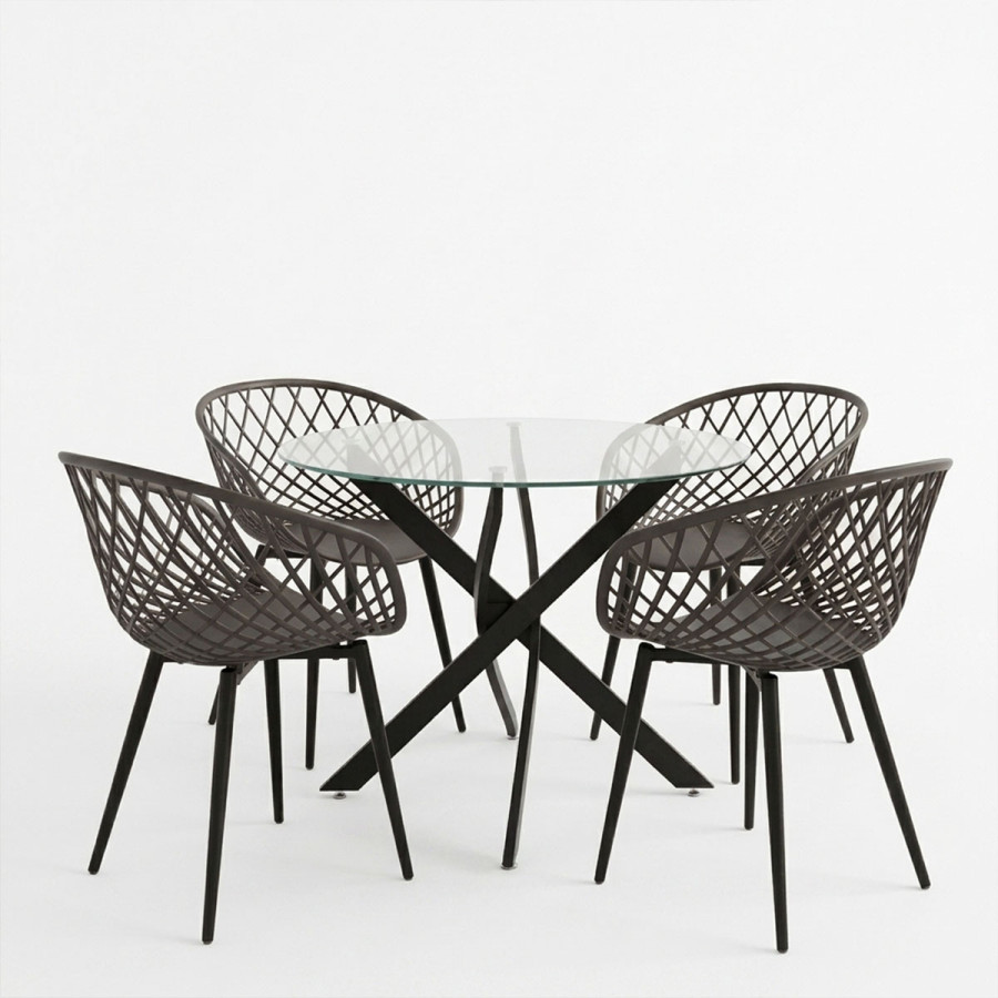 Dining room with Ezra Armchairs anthracite and Antoro table glass with black metal Φ80x75cm Set 5pcs