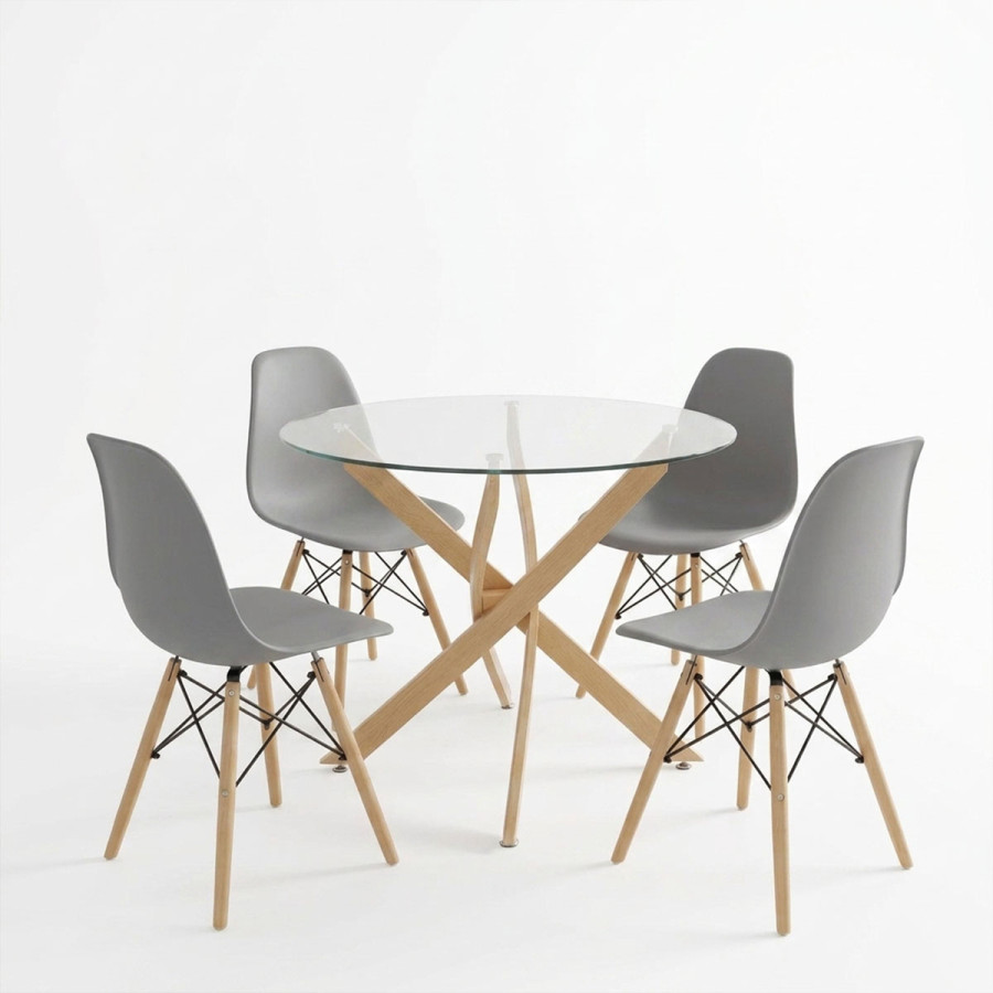Julita dining set with grey Chairs and Antoro glass table with metal frame in natural finish Ø80x75cm 5-piece Set