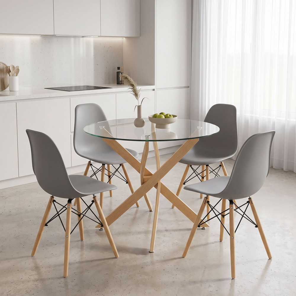 Julita dining set with grey Chairs and Antoro glass table with metal frame in natural finish Ø80x75cm 5-piece Set