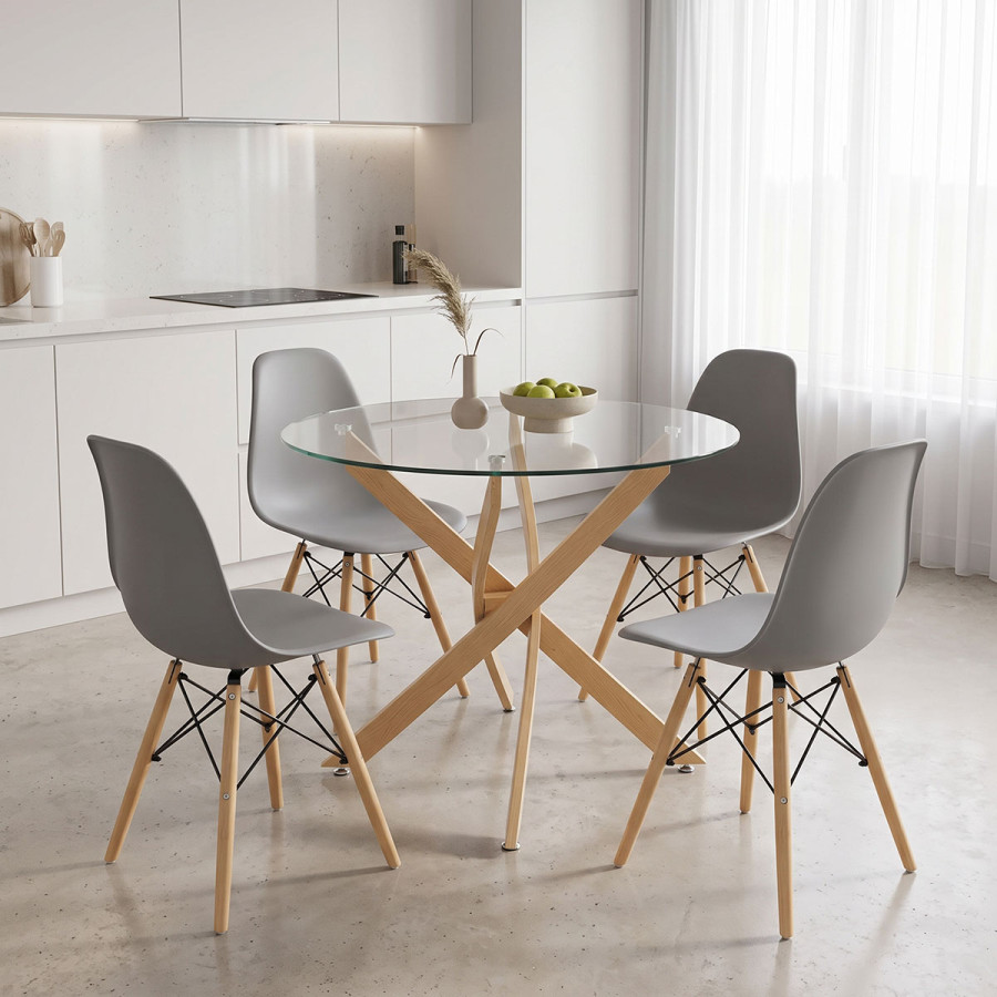 Julita dining set with grey Chairs and Antoro glass table with metal frame in natural finish Ø80x75cm 5-piece Set