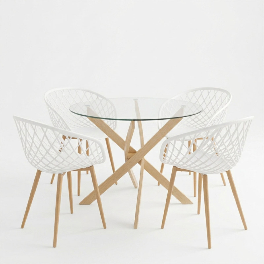 Ezra dining set with white Armchairs and Antoro glass table with metal frame in natural finish Ø80x75cm 5-piece Set