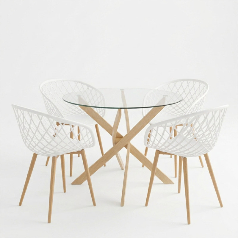 Ezra dining set with white Armchairs and Antoro glass table with metal frame in natural finish Ø80x75cm 5-piece Set