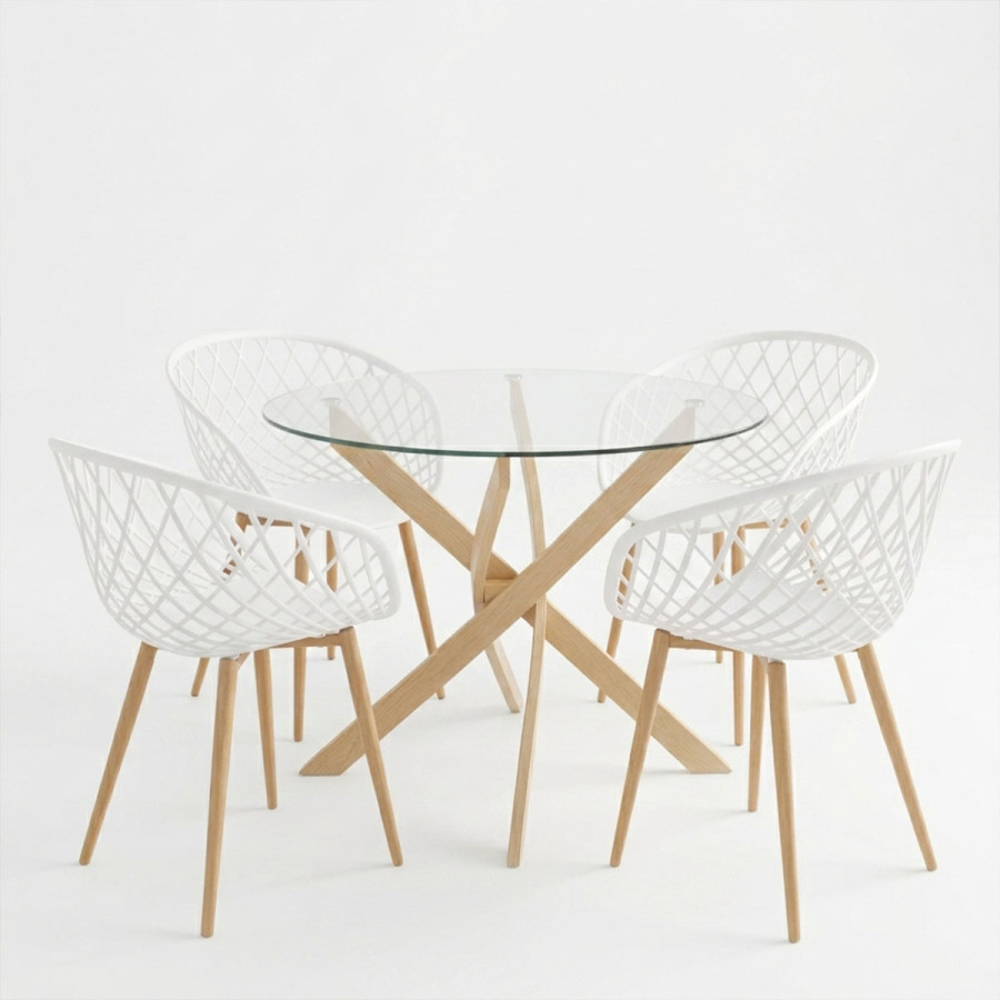 Ezra dining set with white Armchairs and Antoro glass table with metal frame in natural finish Ø80x75cm 5-piece Set