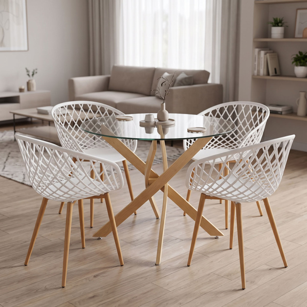 Ezra dining set with white Armchairs and Antoro glass table with metal frame in natural finish Ø80x75cm 5-piece Set