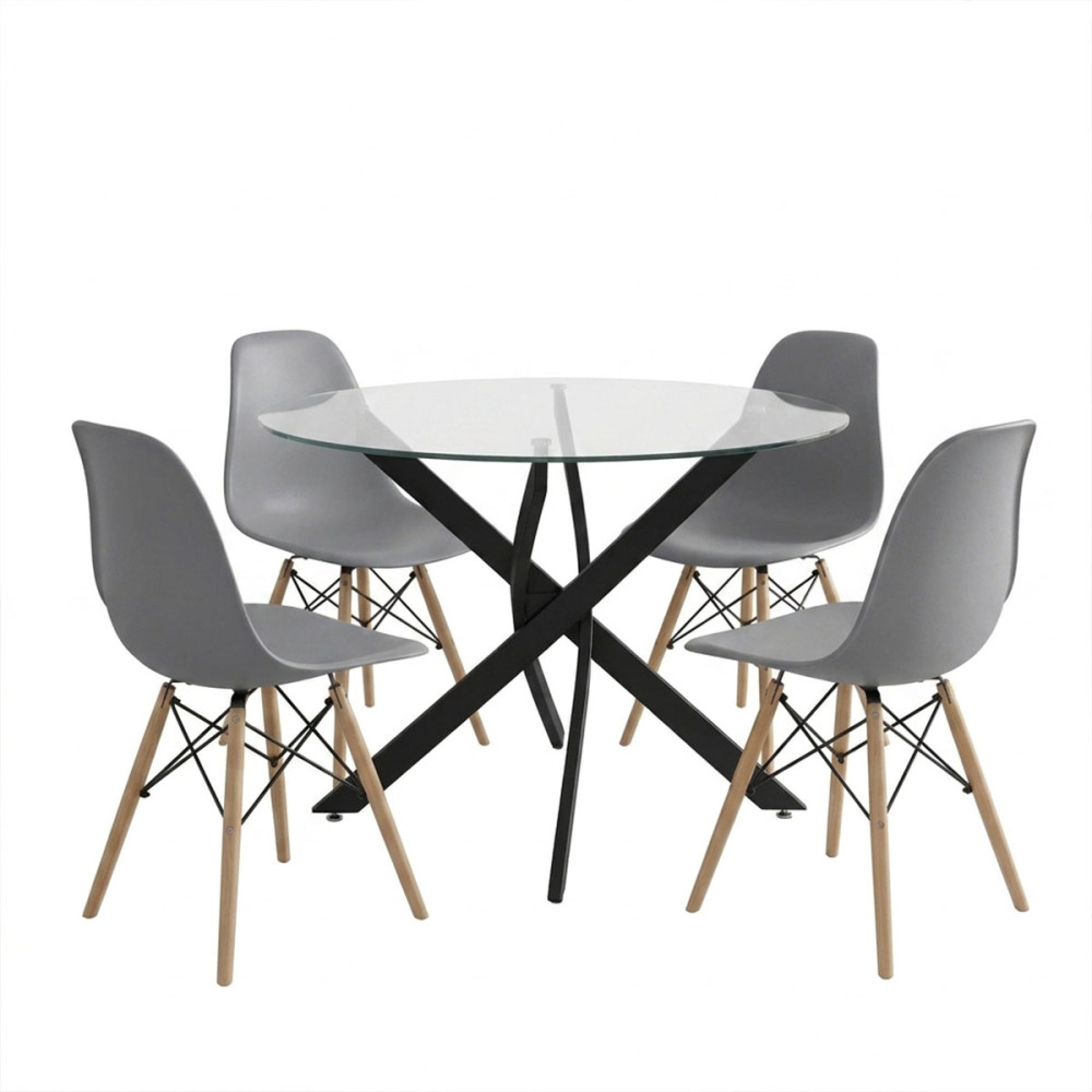 Dining Set with Julita Chairs grey and Antoro Table glass with black metal Φ100x75cm Set 5pcs