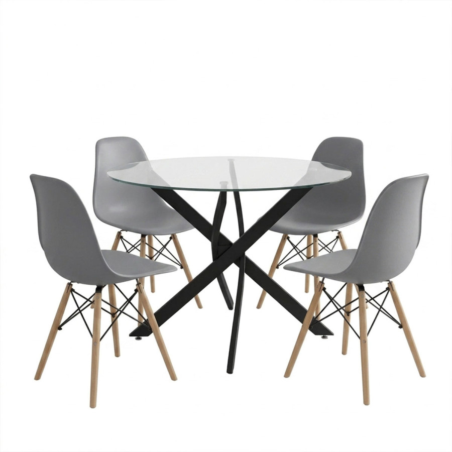 Dining Set with Julita Chairs grey and Antoro Table glass with black metal Φ100x75cm Set 5pcs