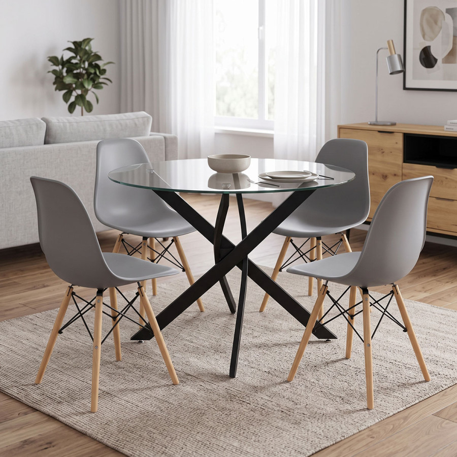 Dining Set with Julita Chairs grey and Antoro Table glass with black metal Φ100x75cm Set 5pcs