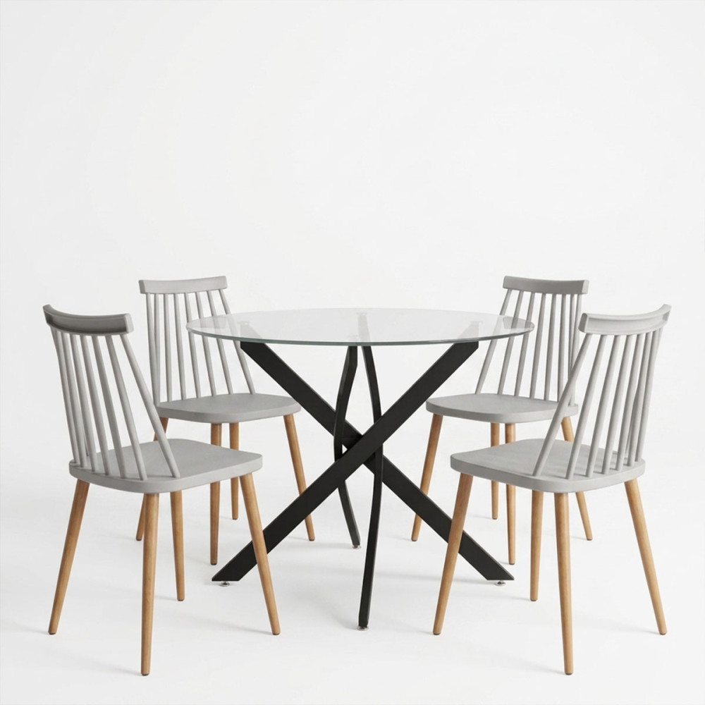 Dining Set with Aurora grey Chairs and Antoro Table glass with black metal Φ100x75cm Set 5pcs