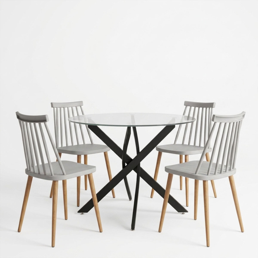 Dining Set with Aurora grey Chairs and Antoro Table glass with black metal Φ100x75cm Set 5pcs