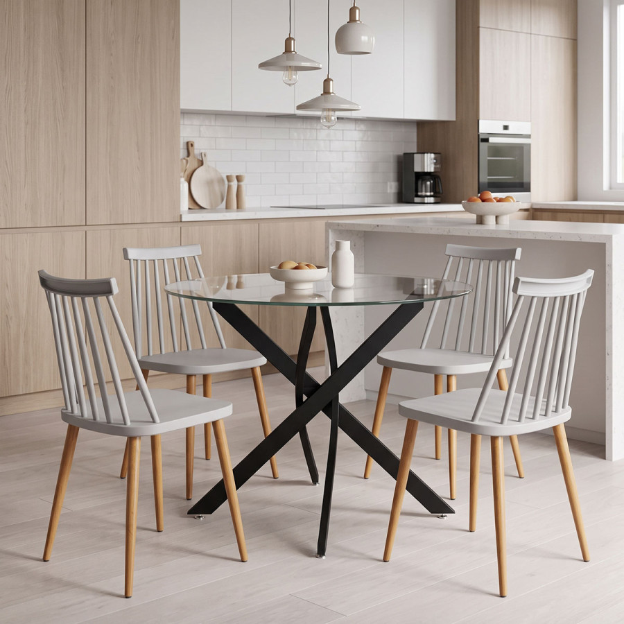 Dining Set with Aurora grey Chairs and Antoro Table glass with black metal Φ100x75cm Set 5pcs