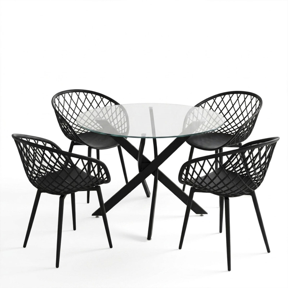 Dining Set with Ezra black Armchairs and Antoro Table glass with black metal Φ100x75cm Set 5pcs