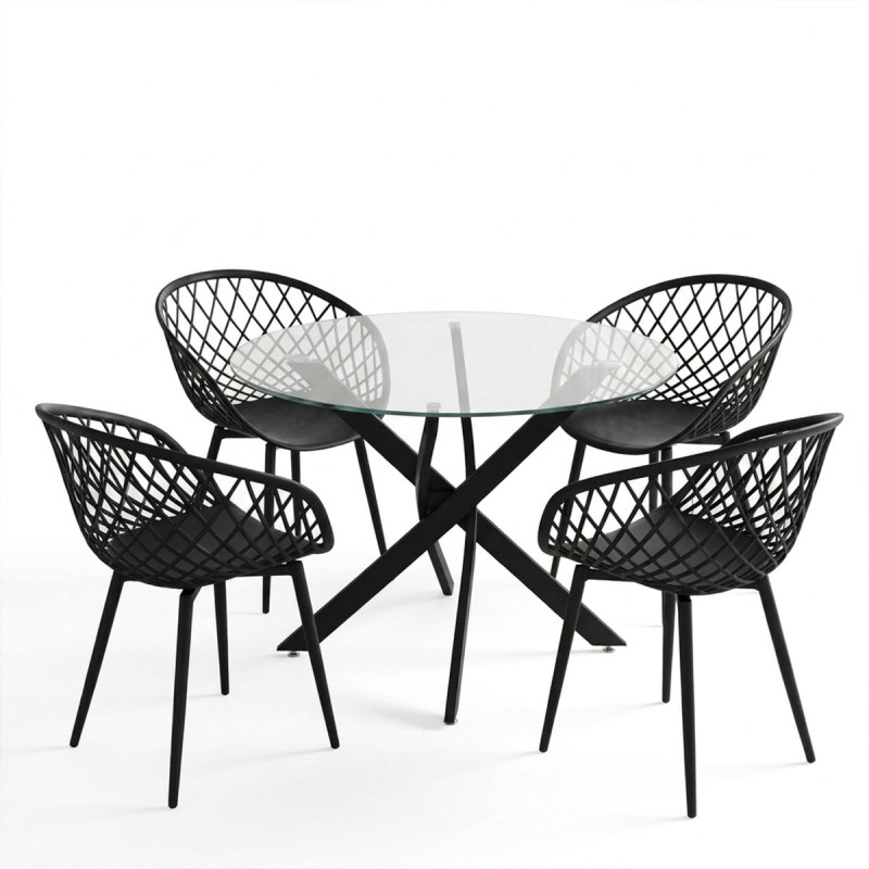 Dining Set with Ezra black Armchairs and Antoro Table glass with black metal Φ100x75cm Set 5pcs