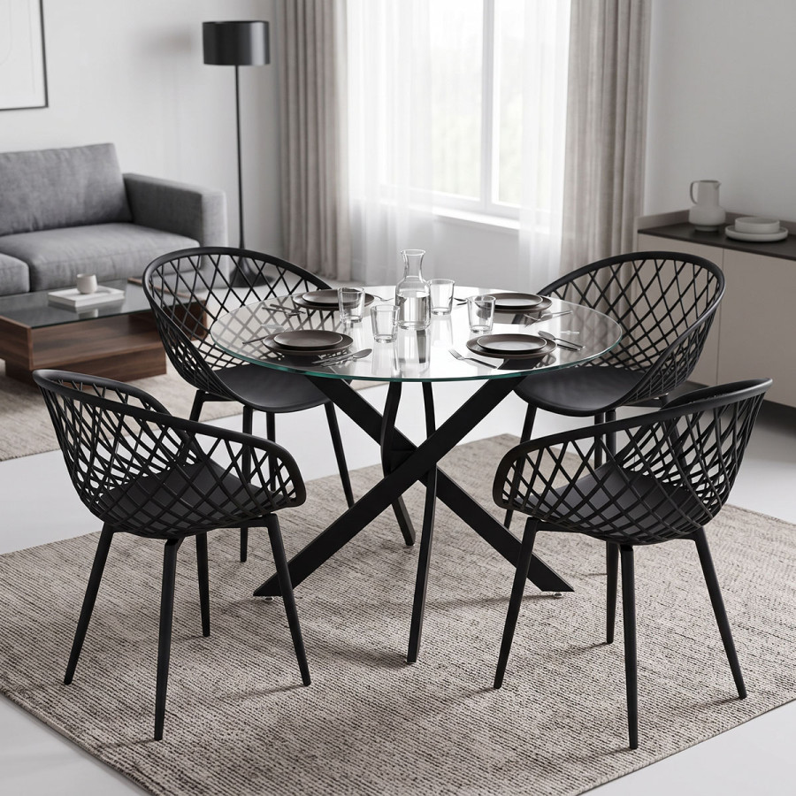 Dining Set with Ezra black Armchairs and Antoro Table glass with black metal Φ100x75cm Set 5pcs