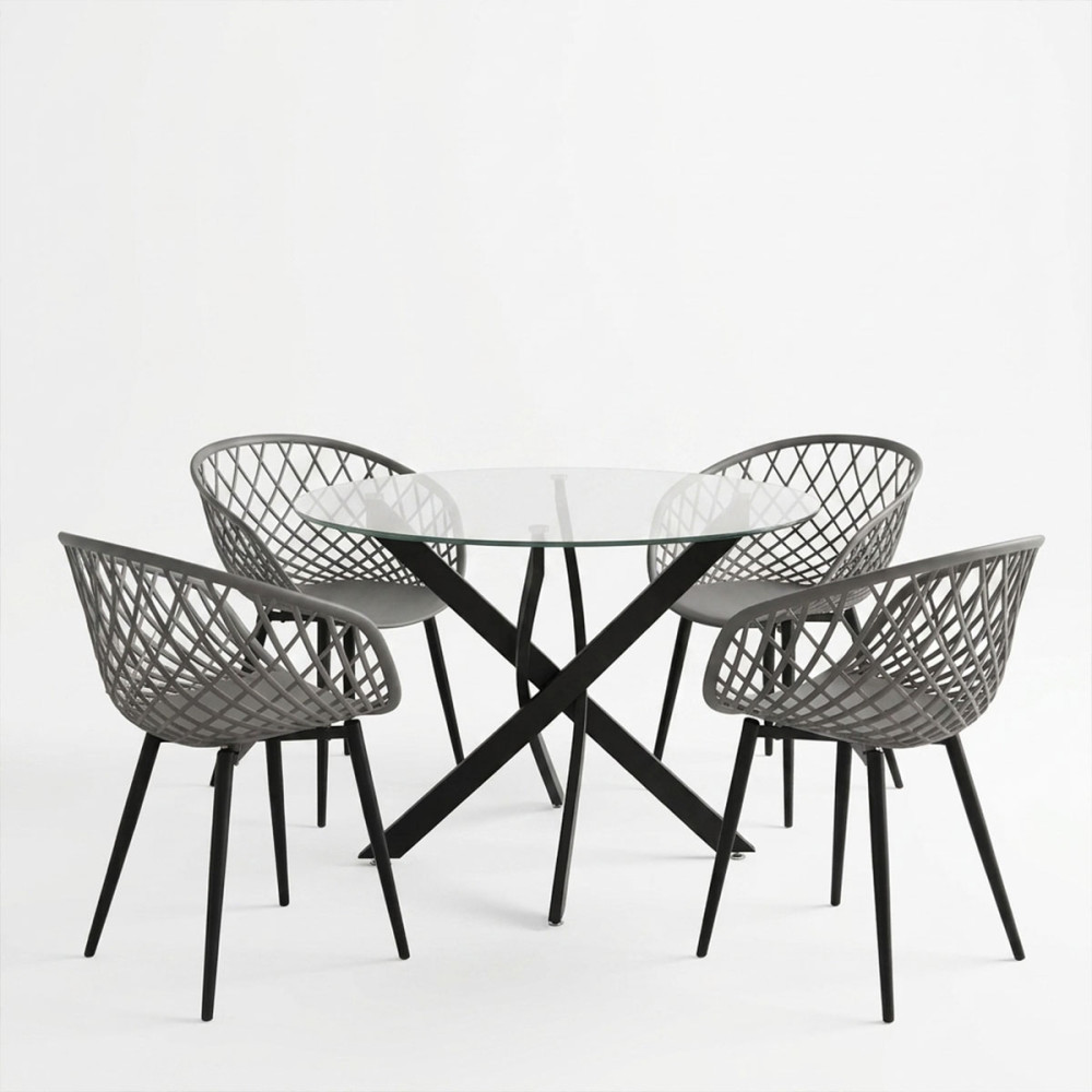Dining Set with Ezra anthracite Armchairs and Antoro Table glass with black metal Φ100x75cm Set 5pcs