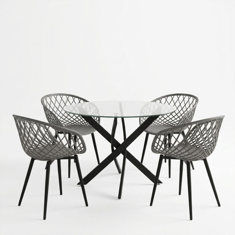 Dining Set with Ezra anthracite Armchairs and Antoro Table glass with black metal Φ100x75cm Set 5pcs