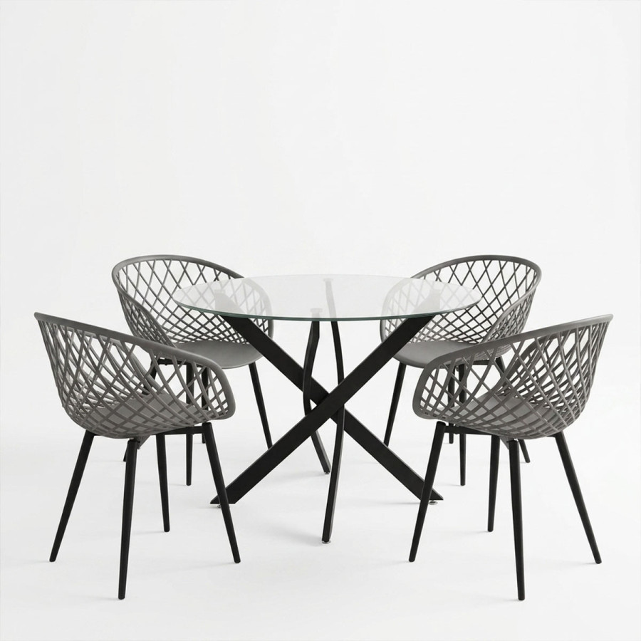 Dining Set with Ezra anthracite Armchairs and Antoro Table glass with black metal Φ100x75cm Set 5pcs