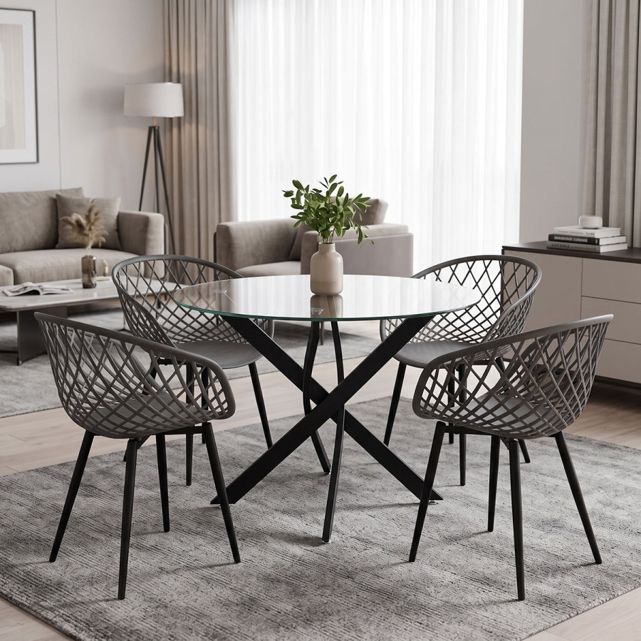 Dining Set with Ezra anthracite Armchairs and Antoro Table glass with black metal Φ100x75cm Set 5pcs