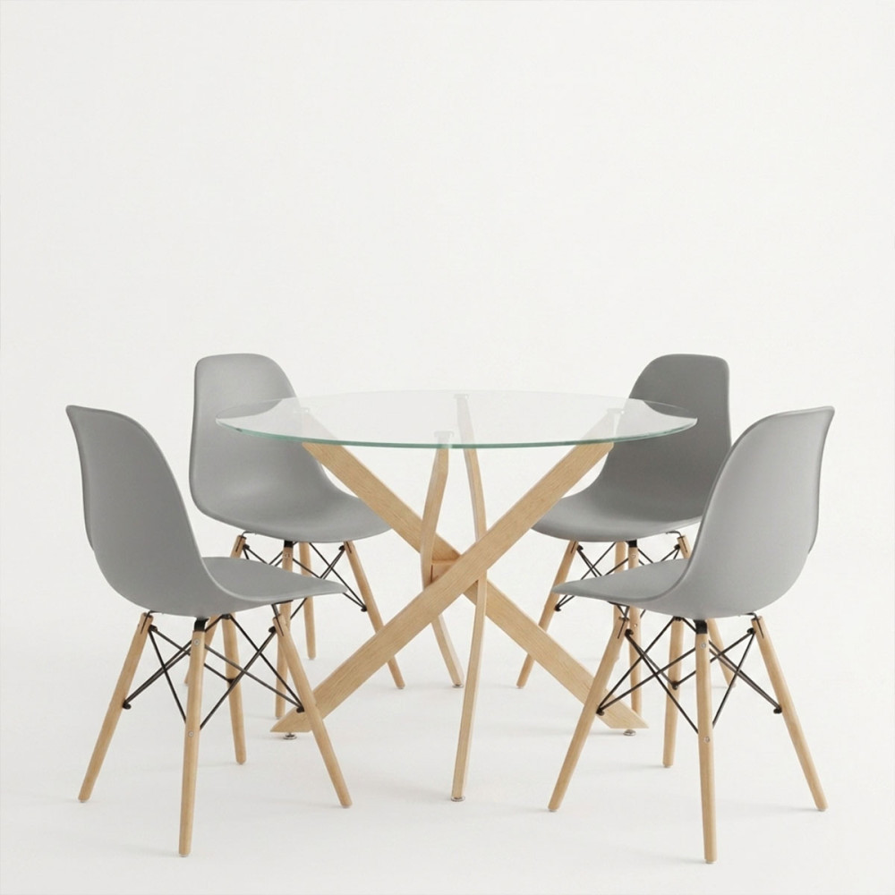 Dining Set with Julita grey Chairs and Antoro Table glass with metal in natural finish Φ100x75cm Set 5pcs