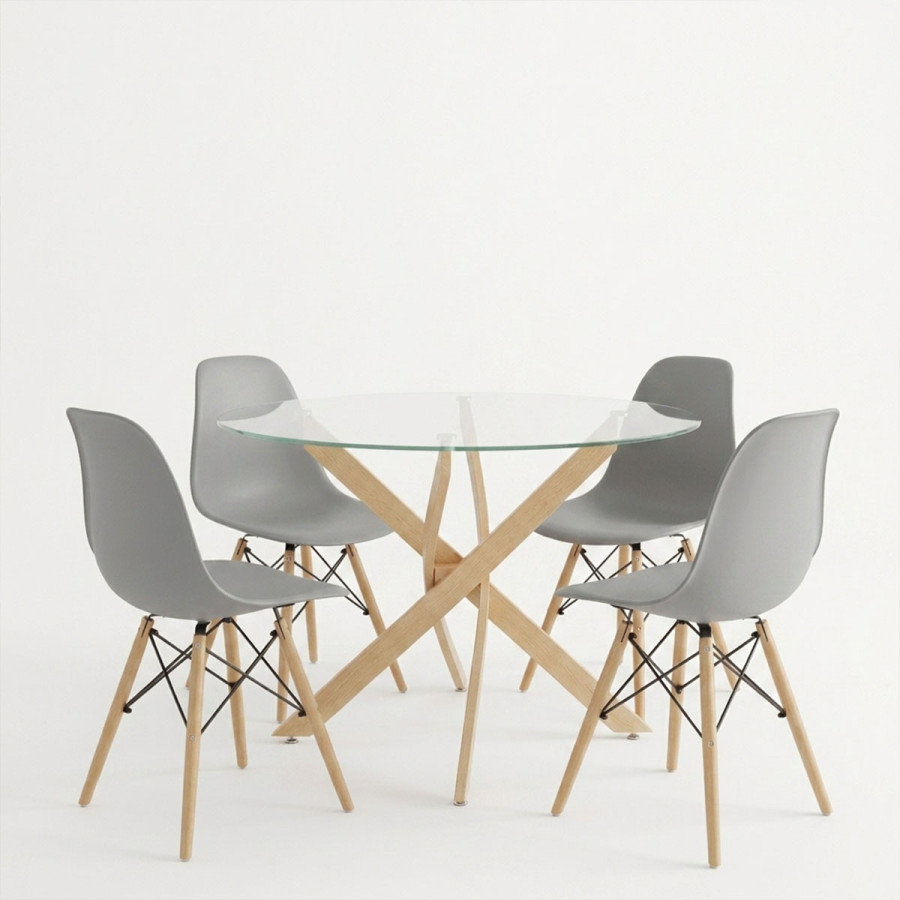 Dining Set with Julita grey Chairs and Antoro Table glass with metal in natural finish Φ100x75cm Set 5pcs