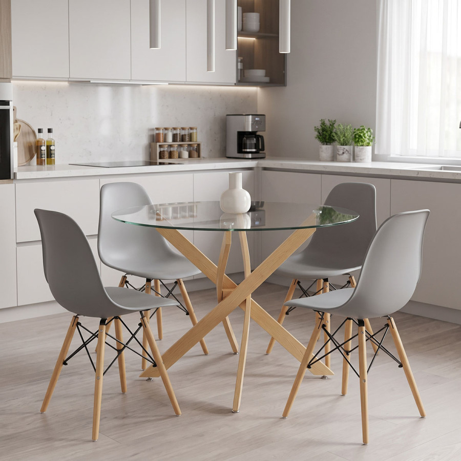 Dining Set with Julita grey Chairs and Antoro Table glass with metal in natural finish Φ100x75cm Set 5pcs