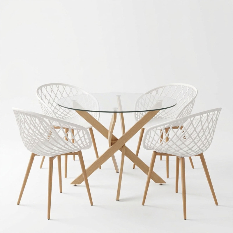 Dining Set with Ezra white Armchairs and Antoro Table glass with metal in natural finish Φ100x75cm Set 5pcs