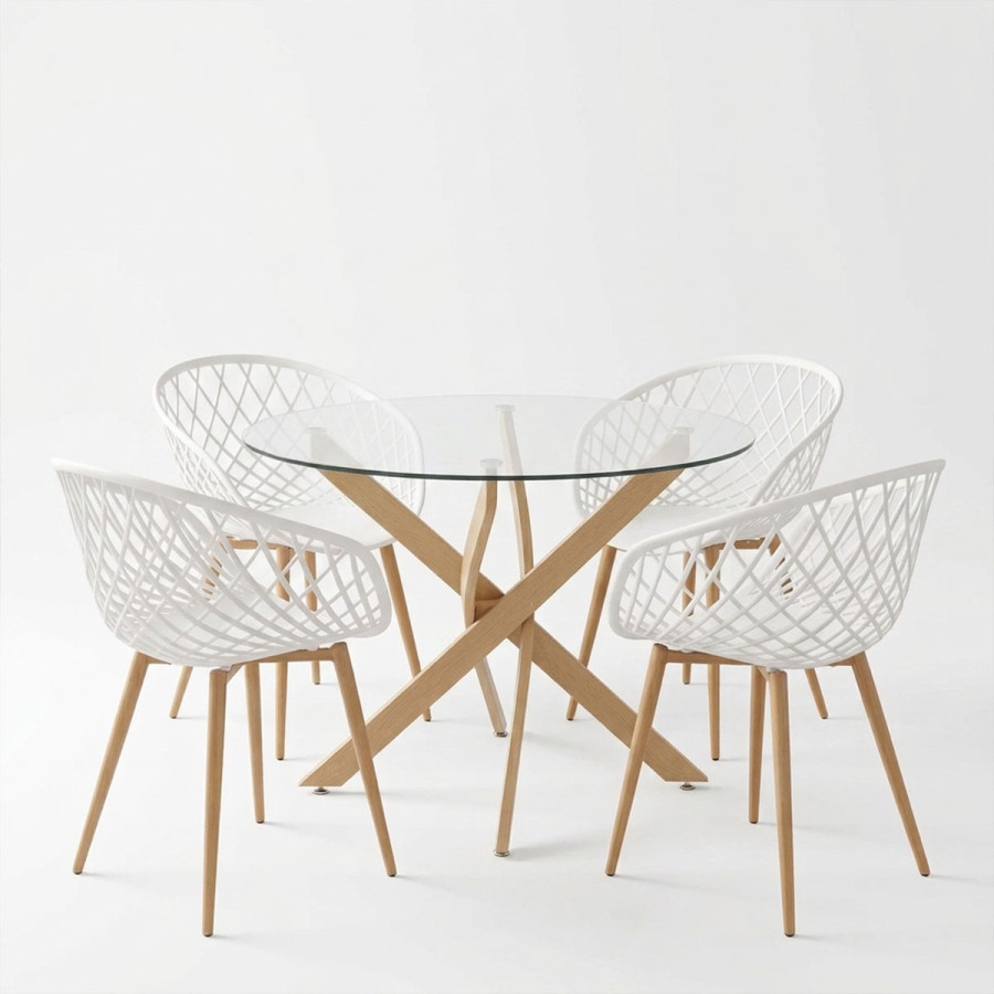 Dining Set with Ezra white Armchairs and Antoro Table glass with metal in natural finish Φ100x75cm Set 5pcs
