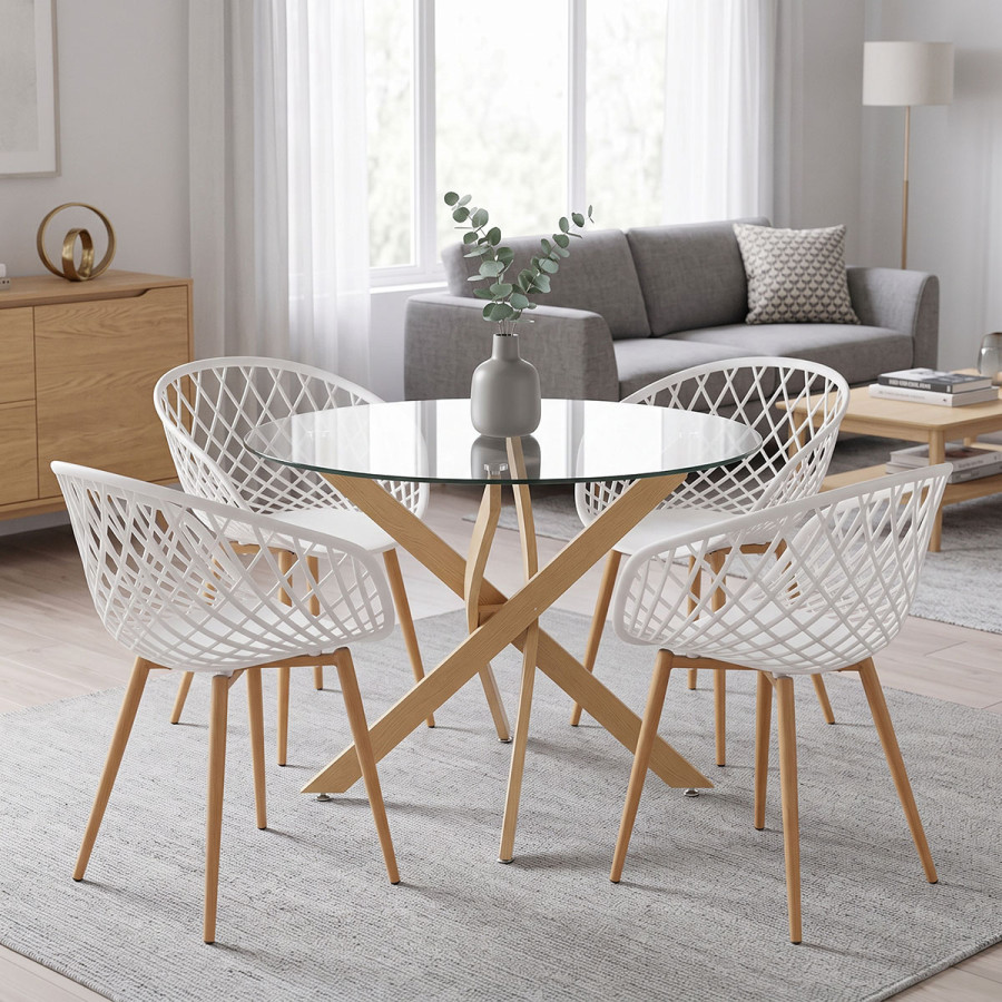 Dining Set with Ezra white Armchairs and Antoro Table glass with metal in natural finish Φ100x75cm Set 5pcs