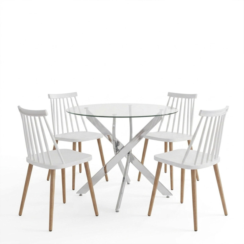 Dining Set with Aurora white Chairs and Antoro Table glass with chrome base Φ100x75cm Set 5pcs