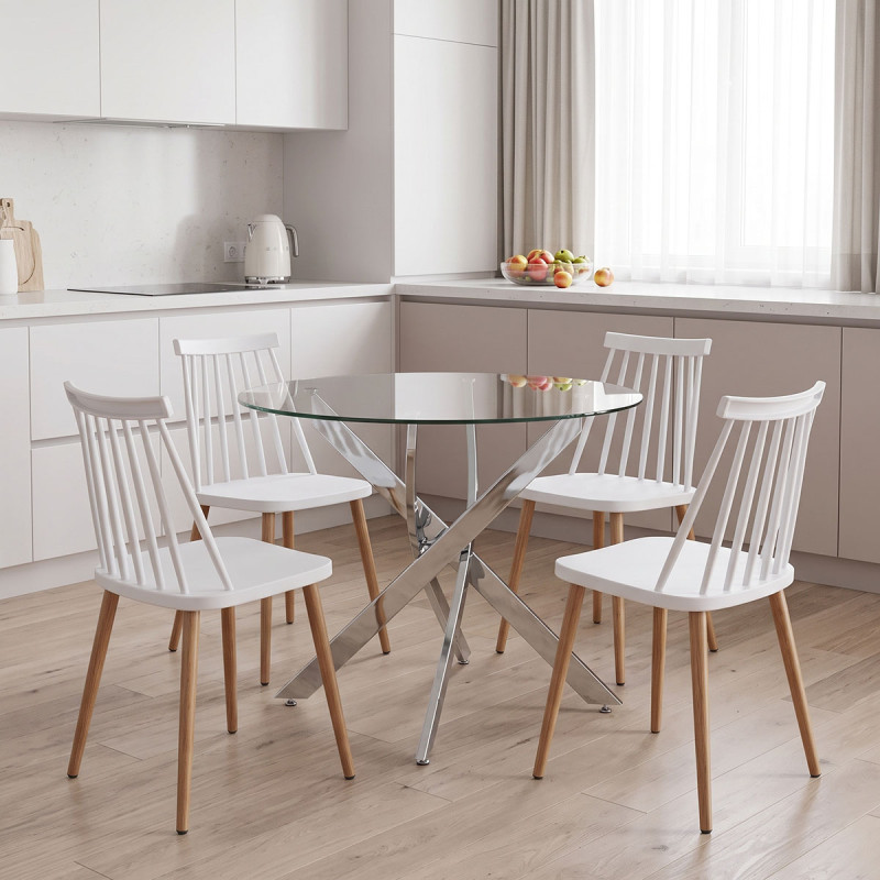 Dining Set with Aurora white Chairs and Antoro Table glass with chrome base Φ100x75cm Set 5pcs