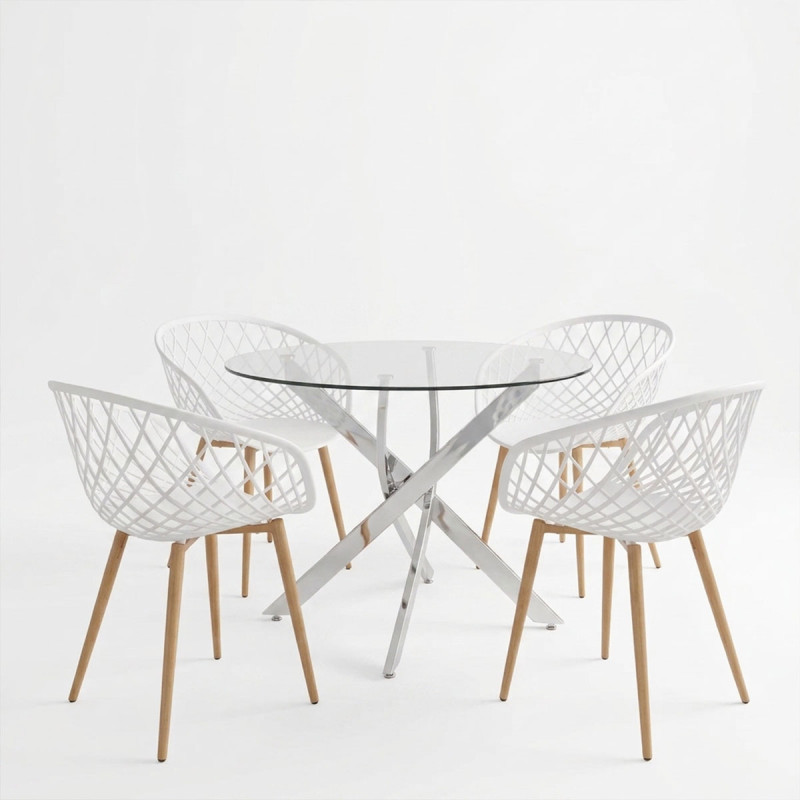 Dining Set with Ezra white Armchairs and Antoro Table glass with chrome base Φ100x75cm Set 5pcs