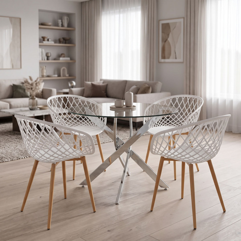 Dining Set with Ezra white Armchairs and Antoro Table glass with chrome base Φ100x75cm Set 5pcs