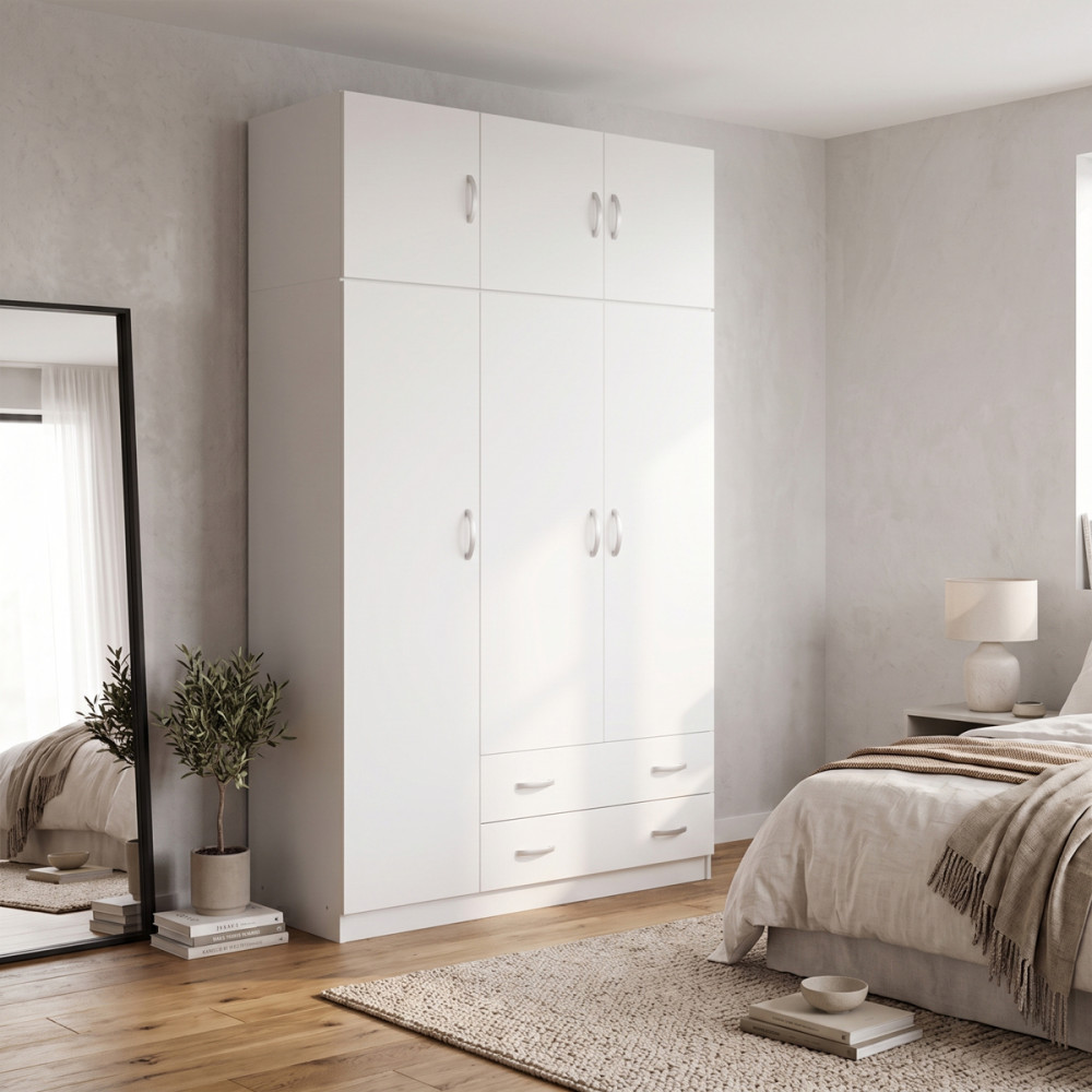 Three door wardrobe with overhead storage Alvia pakoworld white 150x51x240cm