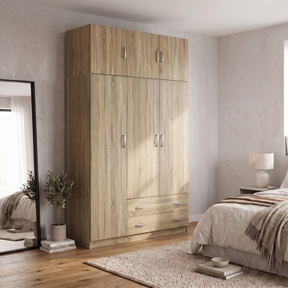 Three door wardrobe with overhead storage Alvia pakoworld sonoma 150x51x240cm